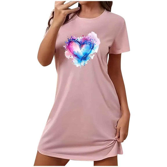 Womens Summer Thin Heart Printed Nightgown Short Sleeve Sleepshirt Loose Fit Casual Crewneck Tunic Pajama Dress