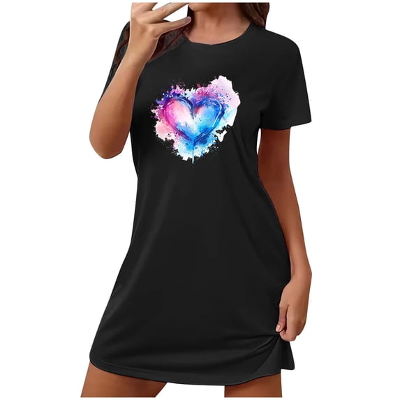 Womens Summer Thin Heart Printed Nightgown Short Sleeve Sleepshirt Loose Fit Casual Crewneck Tunic Pajama Dress