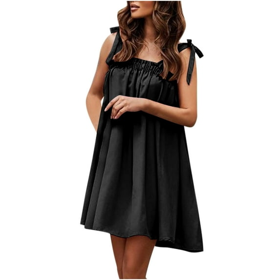 Womens Summer Tie Strap Babydoll Dress Ruffle Pleated Flared Flowy Sundress Sleeveless Casual Beach Party Mini Dress