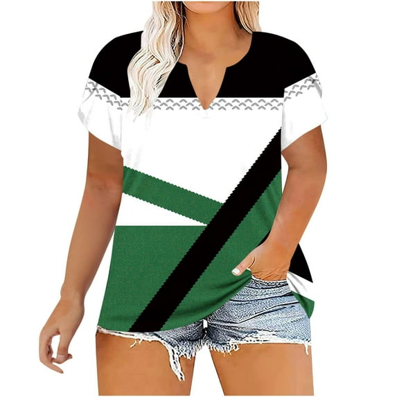 Womens Summer Top Plus Size Short Sleeve V Neck Color Block Casual T shirt Tunic Tops