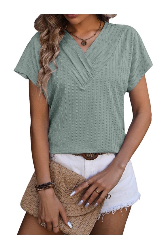 Womens Summer Top V Neck Short Sleeve Casual Blouse T Shirts Cute Loose Fit Trendy Basics Tees Bean Green XXL