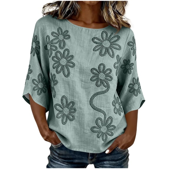 Womens Summer Tops 100% Cotton Fashion Casual Embroidery Round Neck 3/4 Sleeve Spring Blouse Tops