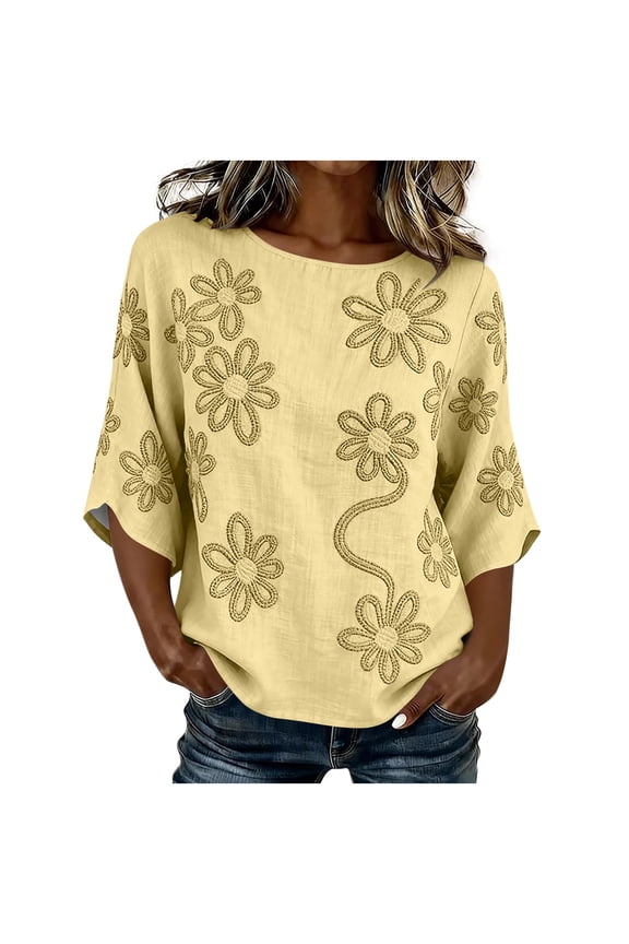 Womens Summer Tops 100% Cotton Fashion Casual Embroidery Round Neck 3/4 Sleeve Spring Blouse Tops