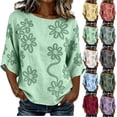 thumbnail image 1 of Womens Summer Tops 100% Cotton Fashion Casual Embroidery Round Neck 3/4 Sleeve Spring Blouse Tops, 1 of 7