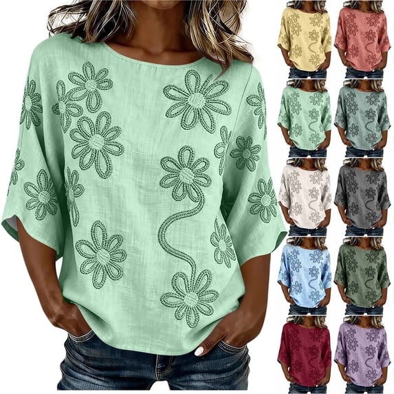 Womens Summer Tops 100% Cotton Fashion Casual Embroidery Round Neck 3/4 Sleeve Spring Blouse Tops