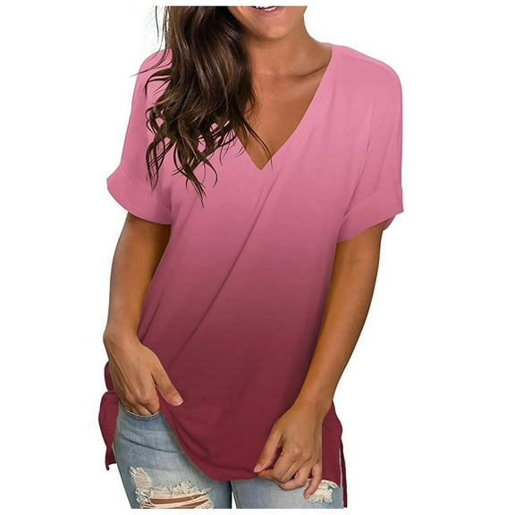 Summer Womens Tops Fashion Casual Comfy Loose Gradient V-Neck Short Sleeve Loose Tshirt S-3XL