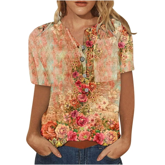 Womens Summer Tops 2023 Pejock Summer Short Sleeve T Shirt Landscape Painting Pattern Top Casual Cotton Button Tee Plus Size Loose Comfy Tee Tops Blouse Orange M (US Size:6)