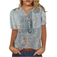 thumbnail image 1 of Womens Summer Tops 2023 Pejock Summer Short Sleeve T Shirt Landscape Painting Pattern Top Casual Cotton Button Tee Plus Size Loose Comfy Tee Tops Blouse Light Blue M (US Size:6), 1 of 3