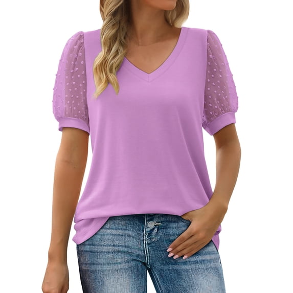 Womens Summer Tops 2023 Pejock Women V Neck T Shirts Swiss Dot Puff Sleeve Tops Loose Casual T-Shirt Soild Cotton Tee Plus Size Loose Comfy Tee Tops Blouse Purple M (US Size:6)