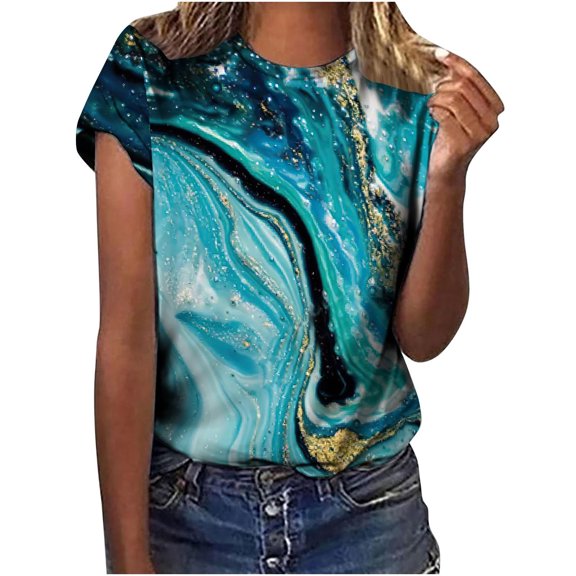 Womens Summer Tops 2023 Pejock Women's Short Sleeve T-Shirt Casual Crewneck Gradient Print Cotton Tee Plus Size Loose Comfy Tee Tops Blouse Lake Blue M (US Size:6)