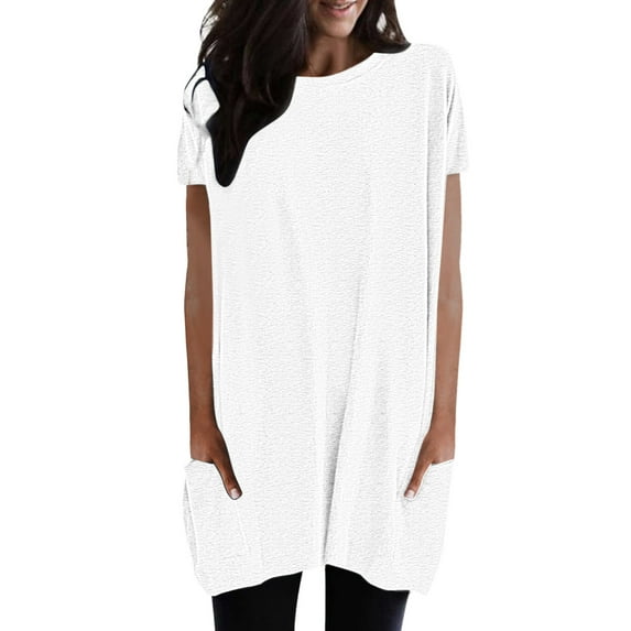 Womens Summer Tops 2023 Trending Solid Loose Pullover Crewneck Short Sleeve Tunic Blouse With Pockets Oversized Tshirts Shirts For Women Workout