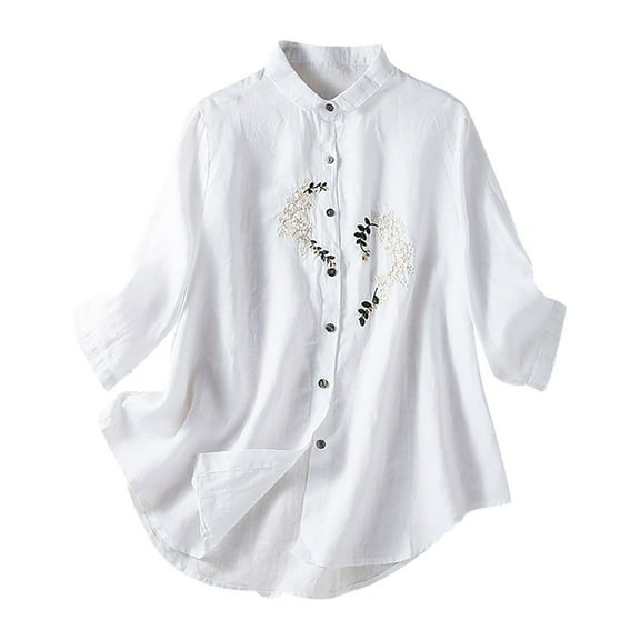 Womens Summer Tops 2024 Plus Size Fashion Cotton Linen Lapel Shirt Spring Cotton And Linen Casual Fashion Shirt Womens Plus $15 & Under