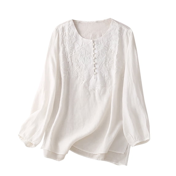 Womens Summer Tops 2024 Plus Size Fashion Long Sleeve Cotton and Linen Spring V-neck Tops Loose Blouse Casual Work Tunic Tops