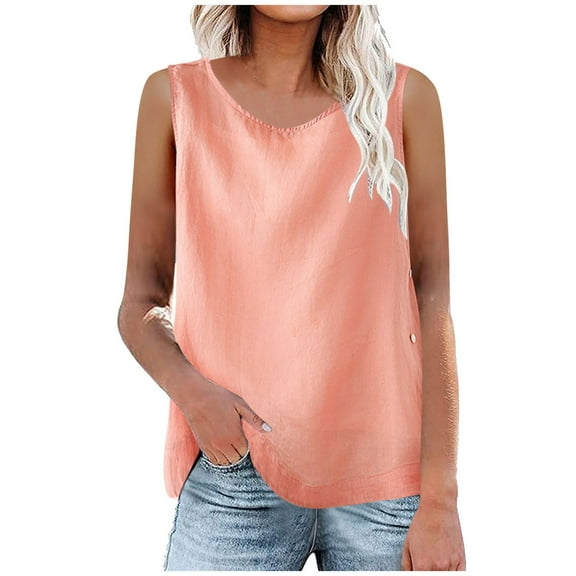 Womens Summer Tops 2024 Plus Size Fashion Loose Casual All-round Neck Short-sleeved Cotton Linen Blouse Womens Plus $15 & Under
