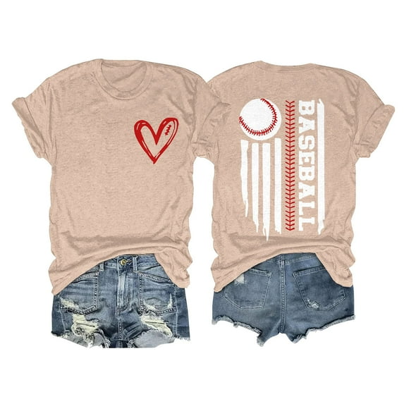 Womens Summer Tops, 2024 Workout Dressy Casual Blouses T Shirts Women's Baseball Printed Loose T Shirt Short Sleeve Top Beige