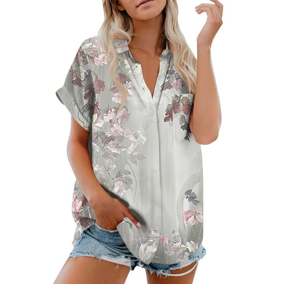 Womens Summer Tops, 2024 Workout Plus Size Dressy Casual Blouses Shirts for Women, Cotton Short Sleeve V Neck Collared Button Down Blouse Camp Shirt S 6Xl Silver