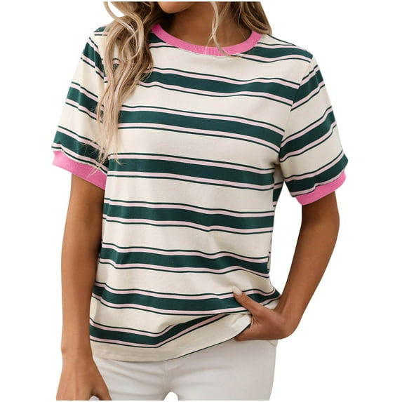 Womens Summer Tops 2025 Crewneck Short Sleeve Striped T Shirts Casual Loose Lightweight Color Block Basic Tee