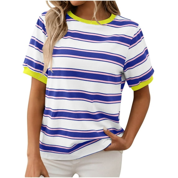 Womens Summer Tops 2025 Crewneck Short Sleeve Striped T Shirts Casual Loose Lightweight Color Block Basic Tee