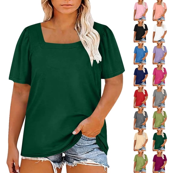 Womens Summer Tops Plus Size Solid Color T-Shirt Summer Casual Loose Women's Trendy Short Sleeves Squared Neck Pullover Lightweight Blouse Tops XL-5XL