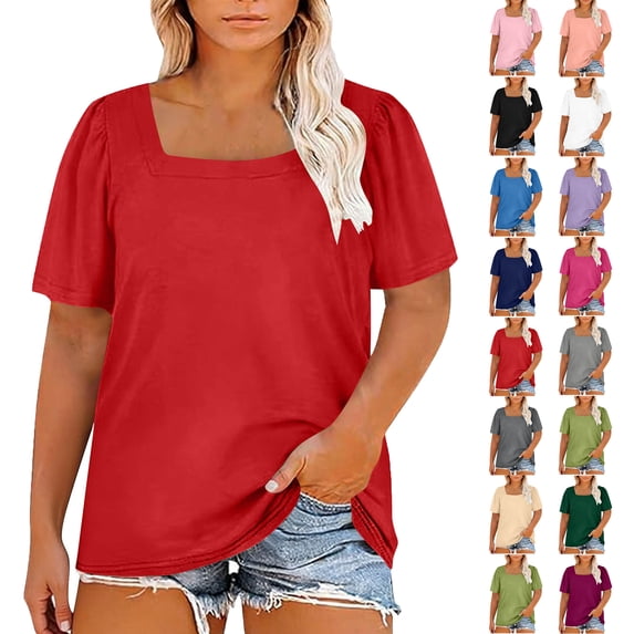 Womens Summer Tops Plus Size Solid Color T-Shirt Summer Casual Loose Women's Trendy Short Sleeves Squared Neck Pullover Lightweight Blouse Tops XL-5XL