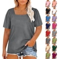 thumbnail image 1 of Womens Summer Tops Plus Size Solid Color T-Shirt Summer Casual Loose Women's Trendy Short Sleeves Squared Neck Pullover Lightweight Blouse Tops XL-5XL, 1 of 7
