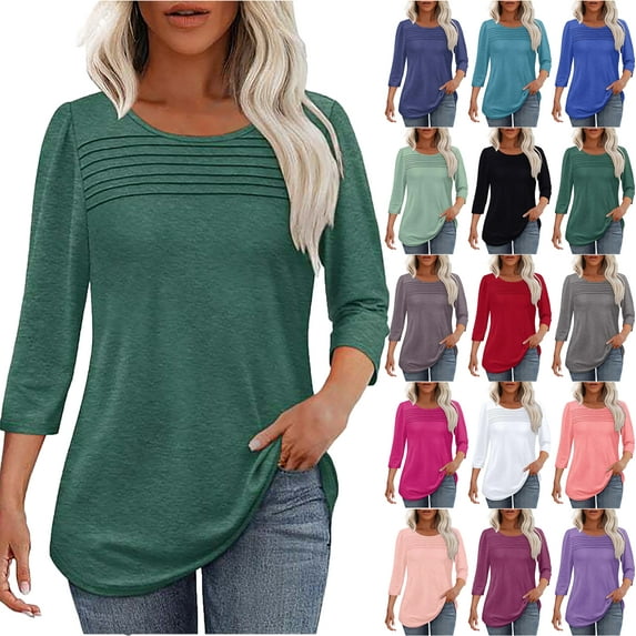 Womens Summer Tops 2025 Plus Size Solid Color T-Shirt Summer Casual Loose Women's Trendy 3/4 Length Sleeves Pullover Lightweight Blouse Tops S-3XL