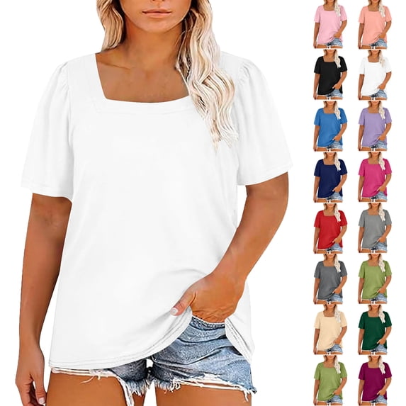 Womens Summer Tops Plus Size Solid Color T-Shirt Summer Casual Loose Women's Trendy Short Sleeves Squared Neck Pullover Lightweight Blouse Tops XL-5XL