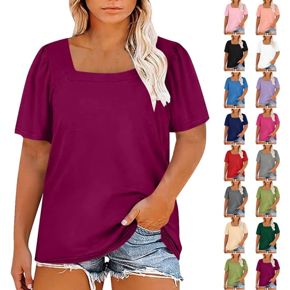 Womens Summer Tops Plus Size Solid Color T-Shirt Summer Casual Loose Women's Trendy Short Sleeves Squared Neck Pullover Lightweight Blouse Tops XL-5XL