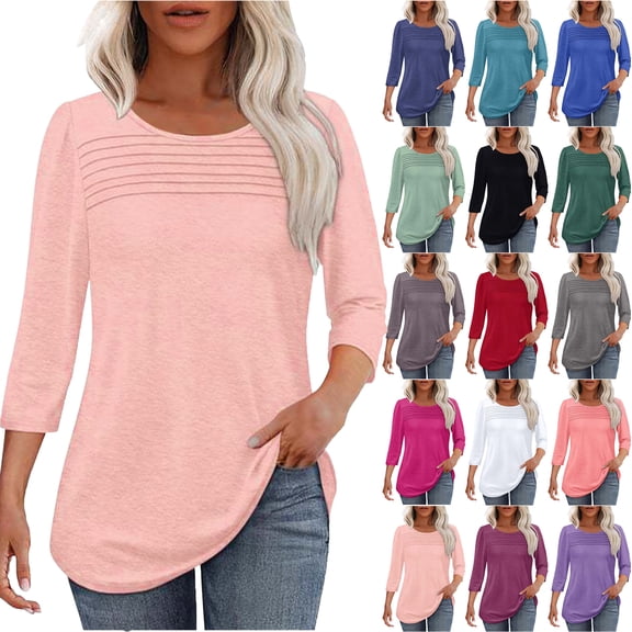 Womens Summer Tops 2025 Plus Size Solid Color T-Shirt Summer Casual Loose Women's Trendy 3/4 Length Sleeves Pullover Lightweight Blouse Tops S-3XL