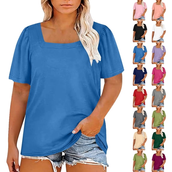 Womens Summer Tops Plus Size Solid Color T-Shirt Summer Casual Loose Women's Trendy Short Sleeves Squared Neck Pullover Lightweight Blouse Tops XL-5XL