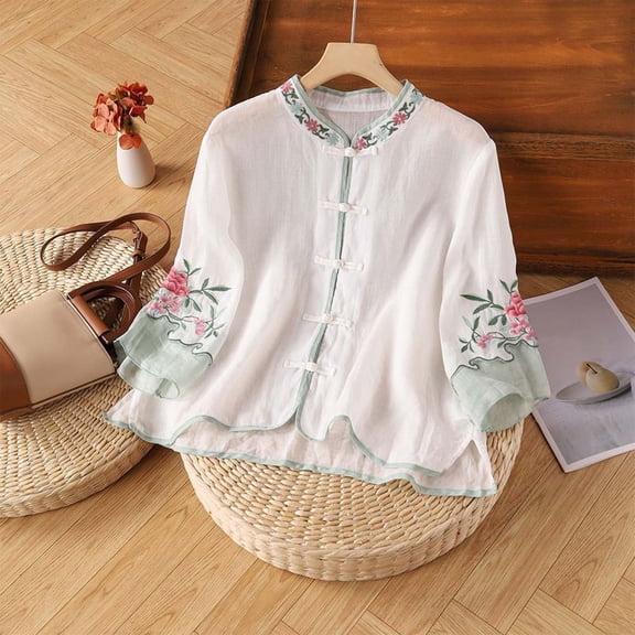 Womens Summer Tops 2025 Short Sleeve Embroidered T Shirt Mandarin Collar Round Neck Fashion Dressy Casual Tunic Blouses M-4XL