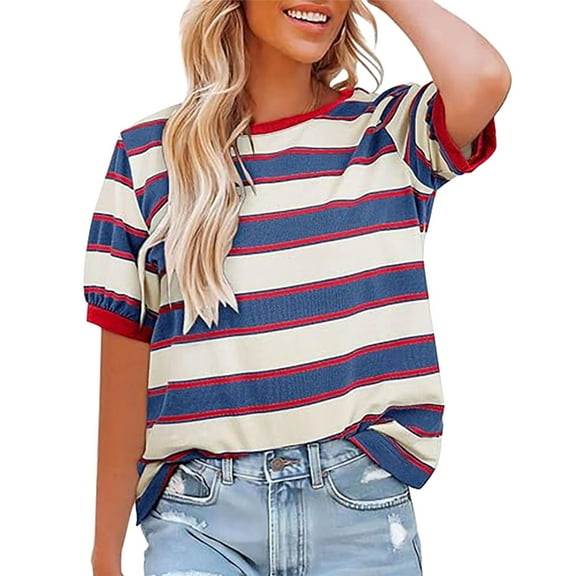 Womens Summer Tops 2025 Striped Color Block Short Sleeve T Shirts Crewneck Casual Loose Basic Tee Blouses