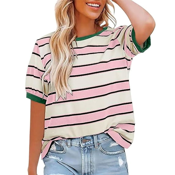Womens Summer Tops 2025 Striped Color Block Short Sleeve T Shirts Crewneck Casual Loose Basic Tee Blouses