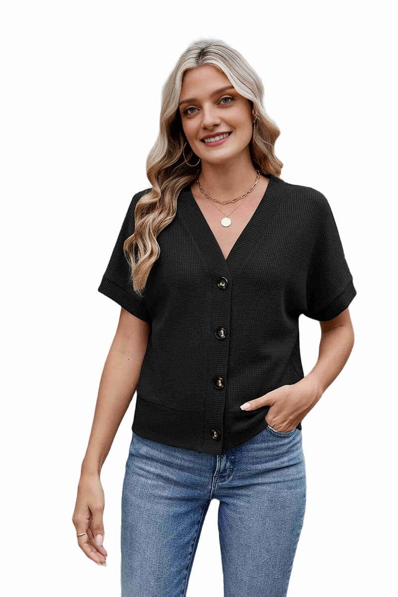 Womens Summer Tops 2025 Waffle Knit Button Down Shirts Casual V Neck ...