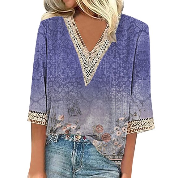 Womens Summer Tops 2026 Dressy Casual Boho Floral Printed 3/4 Sleeve Crochet V-Neck T-Shirts Cute Trendy Relaxed Fit Blouses