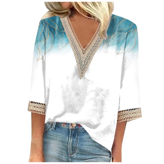 Womens Summer Tops 2026 Dressy Casual Boho Floral Printed 3/4 Sleeve Crochet V-Neck T-Shirts Cute Trendy Relaxed Fit Blouses