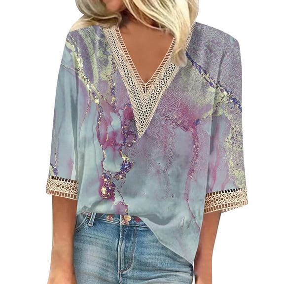Womens Summer Tops 2026 Dressy Casual Boho Floral Printed 3/4 Sleeve Crochet V-Neck T-Shirts Cute Trendy Relaxed Fit Blouses