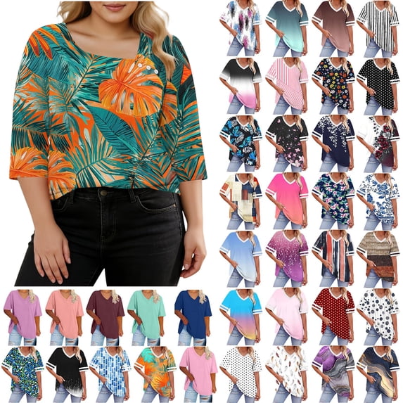 Womens Summer Tops 2026 Plus Size Fashion 3/4 Sleeve Casual Printed V-Neck T-shirt Button Spring Tops