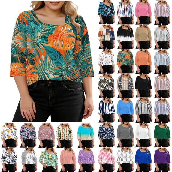 Womens Summer Tops 2026 Plus Size Fashion 3/4 Sleeve Casual Printed V-Neck T-shirt Button Spring Tops