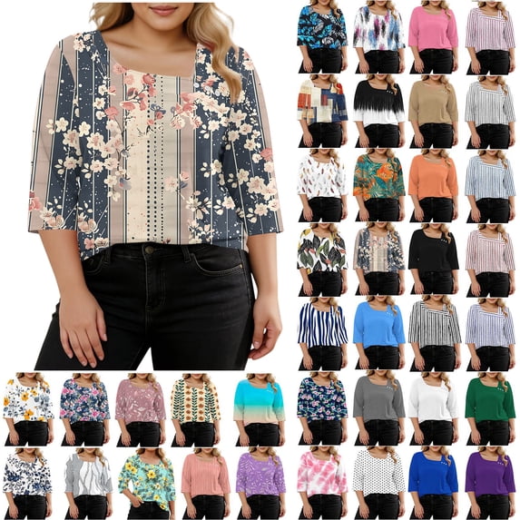 Womens Summer Tops 2026 Plus Size Fashion 3/4 Sleeve Casual Printed V-Neck T-shirt Button Spring Tops