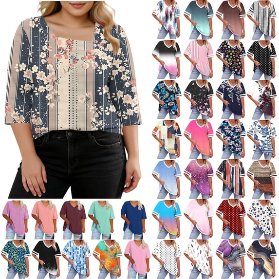 Womens Summer Tops 2026 Plus Size Fashion 3/4 Sleeve Casual Printed V-Neck T-shirt Button Spring Tops