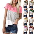 thumbnail image 1 of Womens Summer Tops 2026 Plus Size Fashion Contrasting Striped Printed Short Sleeved Round Neck Pullover Top, 1 of 4