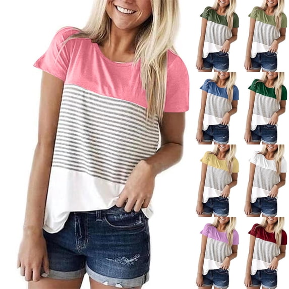 Womens Summer Tops 2026 Plus Size Fashion Contrasting Striped Printed Short Sleeved Round Neck Pullover Top