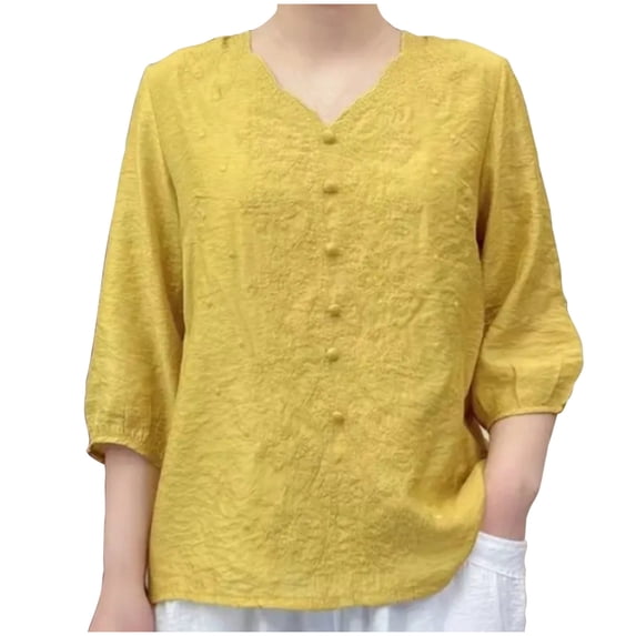Womens Summer Tops 2026 Plus Size Fashion Embroidered Round Neck Five Quarter Sleeved Short Sleeved
