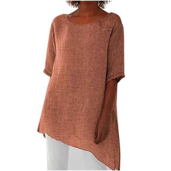 Womens Summer Tops 2026 Plus Size Fashion Large Size Long Sleeve Cotton And Linen Short Sleeve Round Neck Top/Shirt