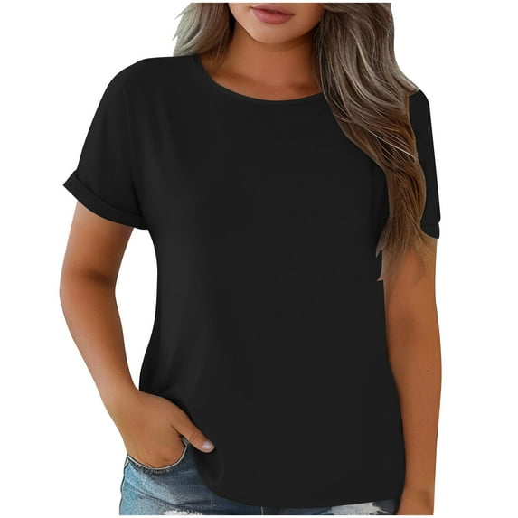 Womens Summer Tops 2026 Plus Size Fashion Round Neck Solid Color Light Sensing Face Short Sleeve Loose T-shirt