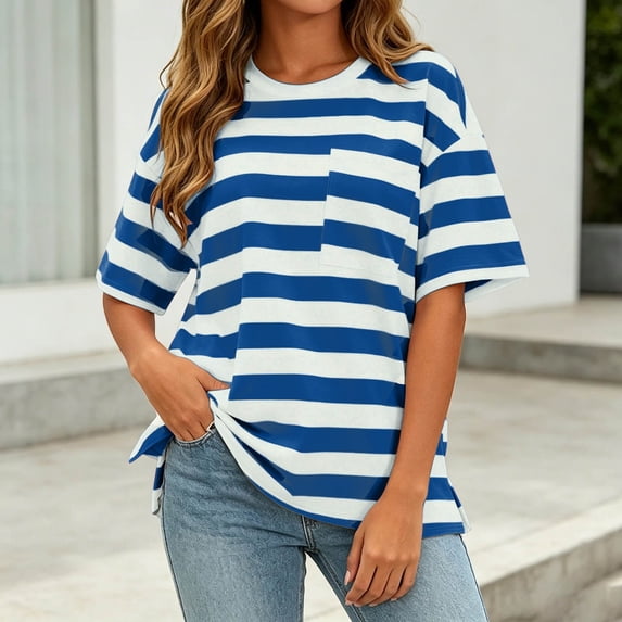 Womens Summer Tops 2026 Striped Color Block Short Sleeve Fashion T-Shirts Crewneck Casual Loose Basic Tee Blouses With Pockets(Blue,L)