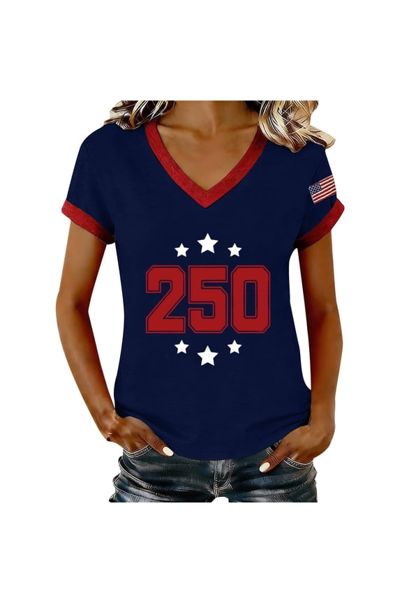 Womens Summer Tops 250Th Anniversary Print V Neck T Shirt 250Th Anniversary Tshirt Patriotic Tee on Sale
