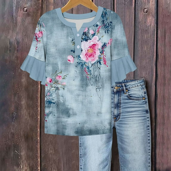 Womens Summer Tops 3/4 Length Sleeve Blouses Ruffle V Neck Button Down Shirts Dressy Casual Flowy Tunic Tops Soft Comfy Loose T Shirts Clarence Items All Departments s In All Departments