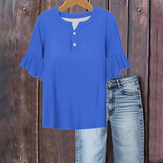 Xdegoge Womens Summer Tops 3/4 Length Sleeve Blouses Ruffle V Neck Button Down Shirts Dressy Casual Flowy Tunic Tops Soft Comfy Loose T Shirts I Have Ofertas Del Dia De Hoy Relampago
